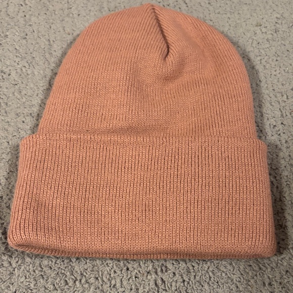 Carhartt Pink Knit Cuffed Beanie with Yellow Logo Patch - Picture 2 of 3
